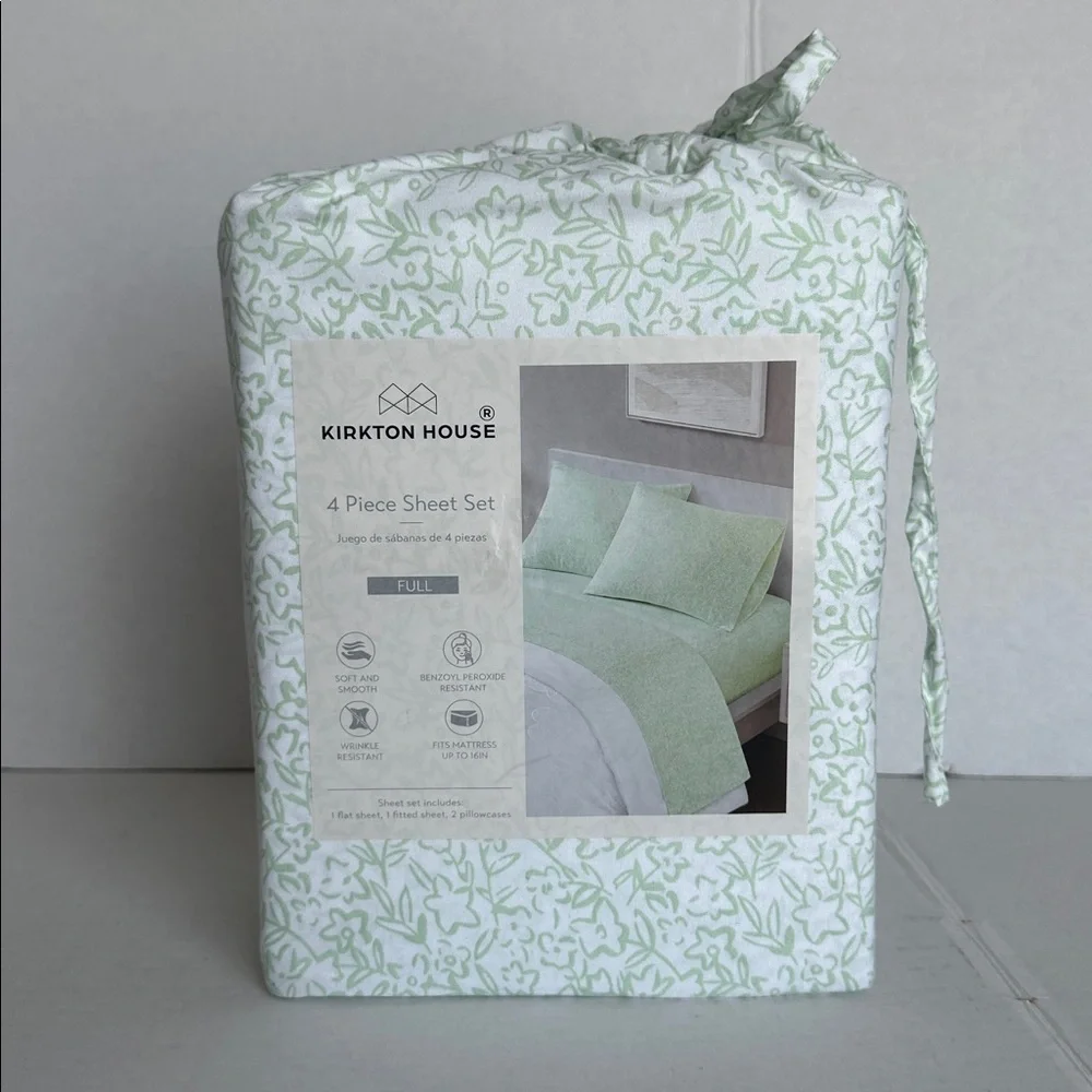 NWT Kirton House Full Size 4Piece Sheet Set Green White Floral Wrinkle-Resistant